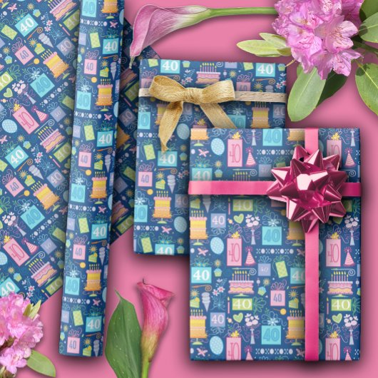 40th誕生日フローラケーキバルーン帽子プレゼント ラッピングペーパー