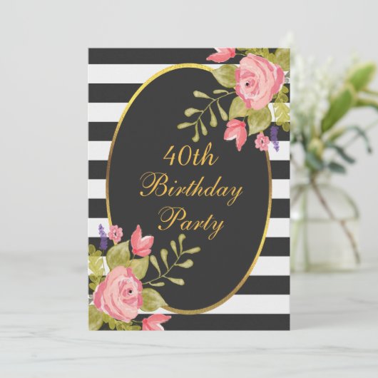 40th誕生日フローラ白黒ストライプゴールドフォイル 招待状 (スタンド正面)
