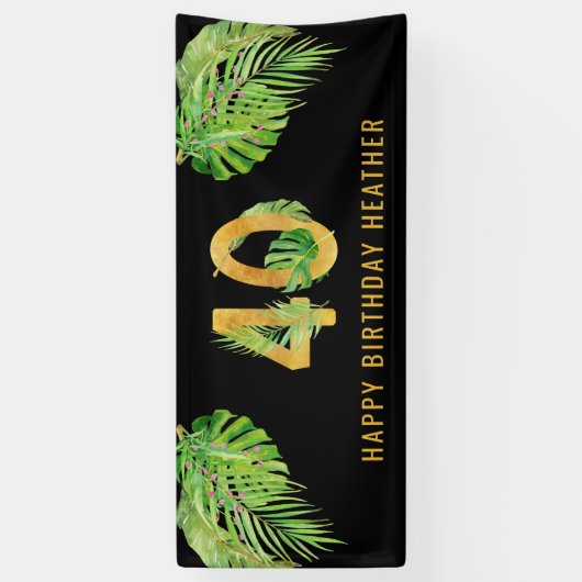 40th誕生日ブラックと金ゴールド熱帯葉パーティー 横断幕 (縦)