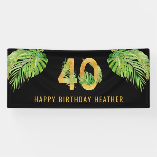 40th誕生日ブラックと金ゴールド熱帯葉パーティー 横断幕 (横)
