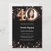 40th誕生日ブラックバラ金ゴールドフォトスター 招待状 (正面)
