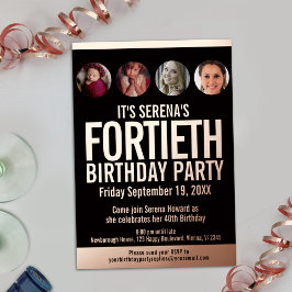 40th誕生日ブラックバラ金ゴールド写真円 箔招待状