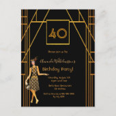 40th誕生日ブラック金ゴールドアートデコスタイル招待 ポストカード (正面)