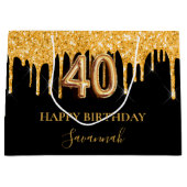 40th誕生日ブラック金ゴールドグリッタードライブ名 ラージペーパーバッグ (正面)