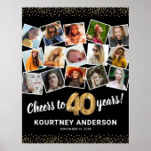 40th誕生日ブラック金ゴールド写真パーティー ポスター (正面)