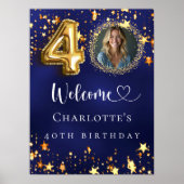 40th誕生日ブルー金ゴールド星写真ようこそ ポスター (正面)
