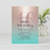 40th誕生日モダン赤面バラ金ゴールドアクアティール(緑がかった色) 招待状 (スタンド正面)