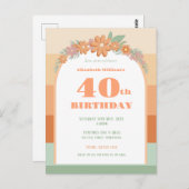 40th誕生日レトロ花模様招待 ポストカード (正面/裏面)