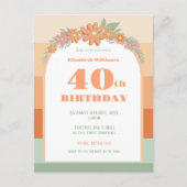 40th誕生日レトロ花模様招待 ポストカード (正面)