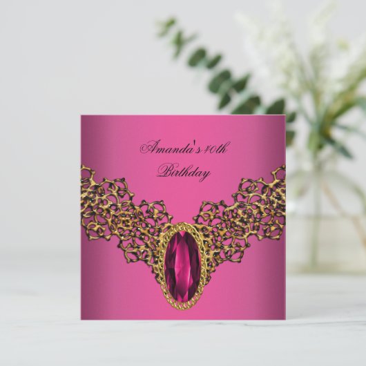 40th誕生日レースピンク金ゴールドワイルドジュエル 招待状 (スタンド正面)