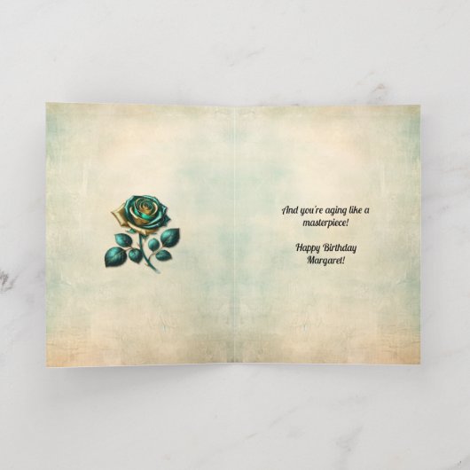 40th誕生日ヴィンテージエメラルドグリーンバラフラワー 箔グリーティングカード (内側レイダウン)