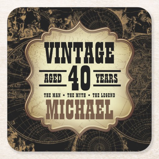 40th誕生日ヴィンテージテーマブラックパーティー スクエアペーパーコースター (正面)