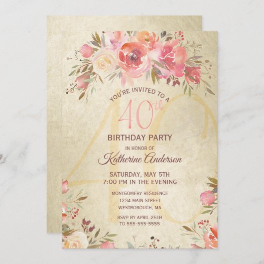 40th誕生日ヴィンテージフローラピンクローズ金ゴールドパーティー 招待状 (正面/裏面)