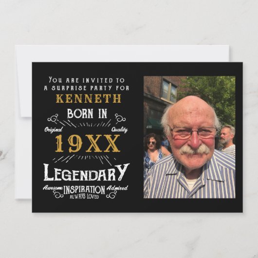 40th誕生日ヴィンテージブラック金ゴールド追加の名前の年 招待状 (正面)