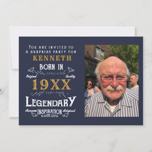 40th誕生日ヴィンテージブルー金ゴールド追加の名前の年 招待状 (正面)