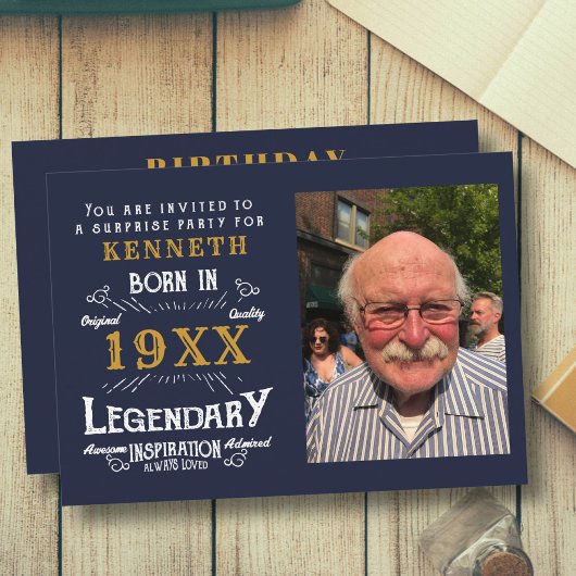 40th誕生日ヴィンテージブルー金ゴールド追加の名前の年 招待状