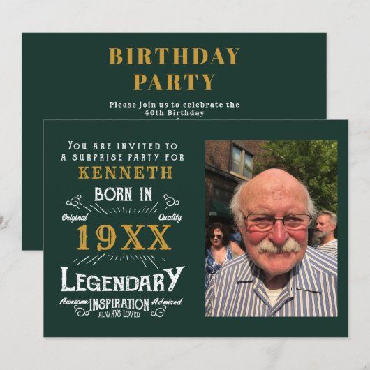 40th誕生日ヴィンテージ緑の金ゴールド追加の名前の年 招待状 (正面/裏面)