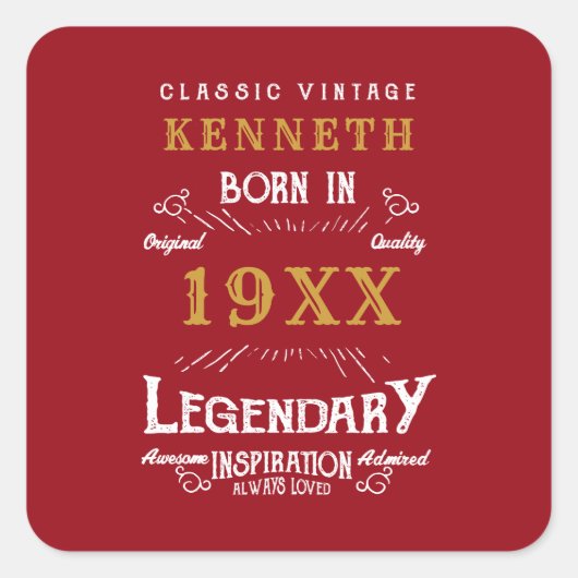 40th誕生日ヴィンテージ赤金ゴールド追加の名前の年 スクエアシール (正面)