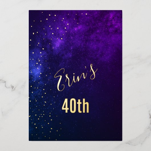 40th誕生日夕べスカイアストラル金ゴールドスターズパープル 箔招待状 (正面)