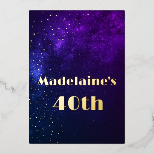 40th誕生日夕べスカイアストラル金ゴールドスターズパープル 箔招待状 (正面)