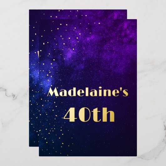 40th誕生日夕べスカイアストラル金ゴールドスターズパープル 箔招待状 (正面/裏面)