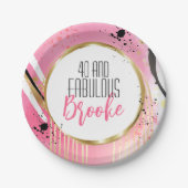 40th誕生日抽象芸術ピンク金ゴールドブラックレトロおもしろい ペーパープレート (正面)