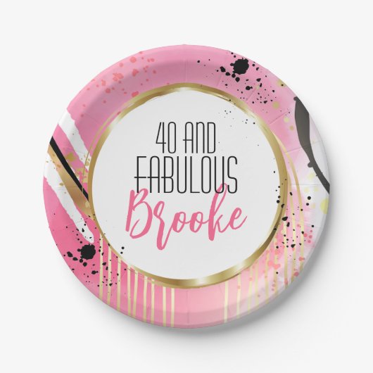 40th誕生日抽象芸術ピンク金ゴールドブラックレトロおもしろい ペーパープレート (正面)