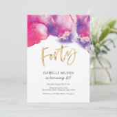 40th誕生日招待状ピンク抽象芸術水彩 招待状 (スタンド正面)
