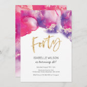 40th誕生日招待状ピンク抽象芸術水彩 招待状 (正面/裏面)