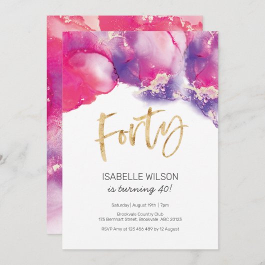 40th誕生日招待状ピンク抽象芸術水彩 招待状 (正面/裏面)