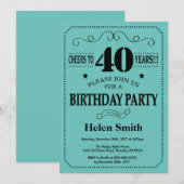40th誕生日招待状ブラックアンドティール(緑がかった色) 招待状 (正面/裏面)