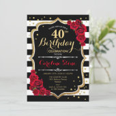 40th誕生日招待状白黒ストライプバラ 招待状 (スタンド正面)
