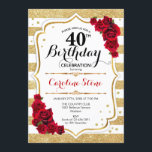 40th誕生日招待状金ゴールドホワイトストライプバラ 招待状<br><div class="desc">40歳の誕生日招待状エレガント金ゴールド白い赤いデザインとフェイクグリッター。金ゴールドと赤ストライプいバラの白いエレガントな誕生日パーティーに最適。</div>