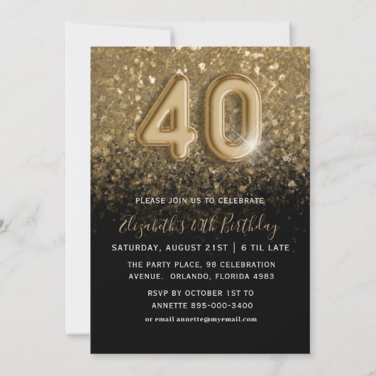 40th誕生日金ゴールドグリッター&ブラックパーティー 招待状 (正面)