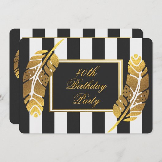 40th誕生日金ゴールド羽オン白黒ストライプ 招待状 (正面/裏面)