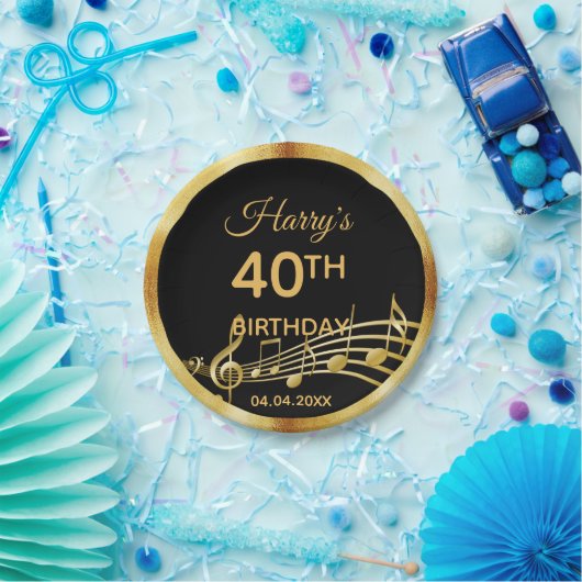 40th誕生日金ゴールド音楽ノート上のシックな黒 ペーパープレート (パーティー)