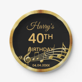 40th誕生日金ゴールド音楽ノート上のシックな黒 ペーパープレート