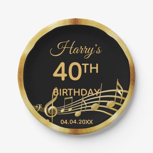40th誕生日金ゴールド音楽ノート上のシックな黒 ペーパープレート (正面)