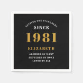 40th誕生日1981ブラック金ゴールドレディパーソナライズされたズ スタンダードカクテルナプキン (正面)