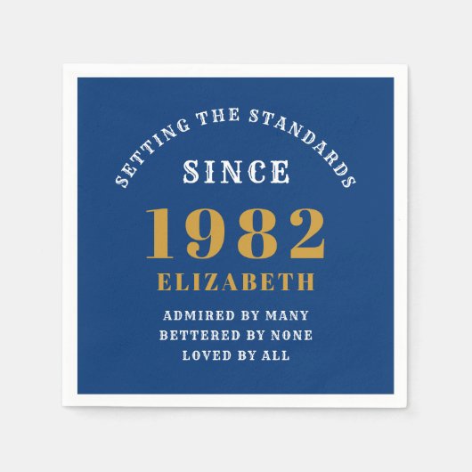 40th誕生日1982シックエレガント金ゴールドブルー スタンダードカクテルナプキン (正面)