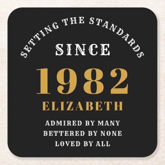40th誕生日1982黒エレガント金ゴールドシック スクエアペーパーコースター (正面)