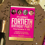 40th Birthdayグラフィックピンクの金ゴールドフォイル写真サークル 箔招待状<br><div class="desc">シンプルグラフィックはっきりしたス明るいホットピンク、金ゴールドフォイルまたは独自のフォイルカラー写真テンプレート40th誕生日の招待。自分の誕生日パーティーのイベント詳細と写真のサークルにあなたの誕生日の女の子の10年の違う1つの4つの写真を使用して、このマイルストーンの誕生日の招待をパーソナライズする。その他の年の色と一致するアイテムが利用可能。©オリジナルデザインby Sarah Trett for www.mylittleeden.com on Zazzle.</div>