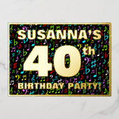 40th Birthdayパーティー—おもしろい、カラフル音楽シンボル 箔招待状 (正面)