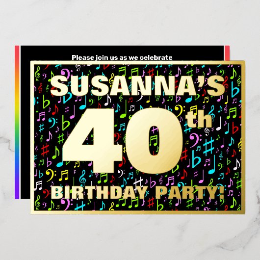 40th Birthdayパーティー—おもしろい、カラフル音楽シンボル 箔招待状 (正面/裏面)