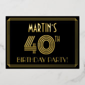 40th Birthdayパーティー—アールデコスタイル「40」 +名前 箔招待状 (正面)