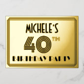 40th Birthdayパーティー—アールデコスタイル「40」 & Name 箔招待状 (正面)