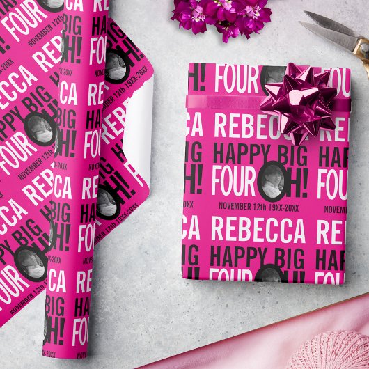 40th Birthdayピンク白ブラック40カスタム枚の写真 ラッピングペーパー