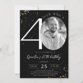 40th Birthdayブラック金ゴールド招待状と写真 招待状 (正面)