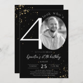 40th Birthdayブラック金ゴールド招待状と写真 招待状 (正面/裏面)