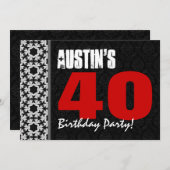 40th Birthday名前をカスタムする白黒Red V17 招待状 (正面/裏面)